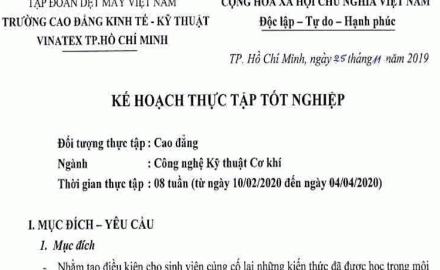 Kế hoạch thực tập tốt nghiệp năm học 2019 – 2020, Ngành Công nghệ kỹ thuật cơ khí