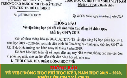 Thông báo đóng học phí các khối lớp CĐ17; CĐ18