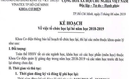 Kế hoạch học lại hè năm học 2018-2019 – Khoa Cơ điện