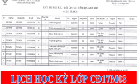 Lịch thi học kỳ 2 năm học 2018 – 2019 lớp CĐ17M08, tại cơ sở 01