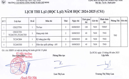 Thông báo, Lịch thi lại (Học lại hè) năm học 2024 – 2025, tại cơ sở 1