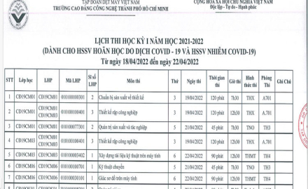 Lịch thi học kỳ 1, năm 2021-2022 (dành cho HSSV hoãn học và HSSV thi lại do nhiễm covid)