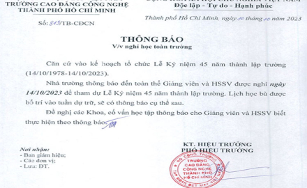 THÔNG BÁO NGHỈ HỌC TOÀN TRƯỜNG NGÀY 14/10/2023