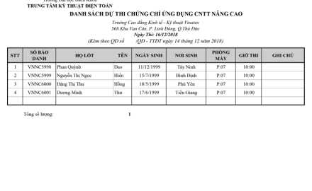 Danh sách dự thi chứng chỉ ứng dụng CNTT Nâng cao ngày 16/12/2018