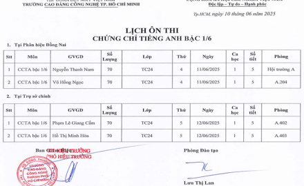Lịch ôn thi tiếng Anh bậc 1/6, tại Trụ sở chính và Phân hiệu Đồng Nai (Ngày 11 và 12 tháng 06 năm 2025