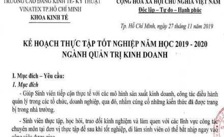 Kế hoạch thực tập tốt nghiệp năm học 2019 – 2020, Ngành Quản trị kinh doanh