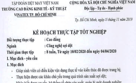 Kế hoạch thực tập tốt nghiệp năm học 2019 – 2020, Ngành Công nghệ sợi dệt