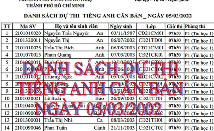Danh sách và thời gian biểu thi tiếng anh căn bản ngày: 05/03/2022