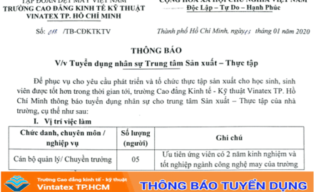 Thông báo, Tuyển dụng nhân sự tại Trung tâm Sản xuất – Thực tập