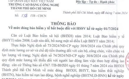 Thông báo về mức đóng bảo hiểm y tế bắt buộc đối với HSSV kể từ ngày 01/07/2024