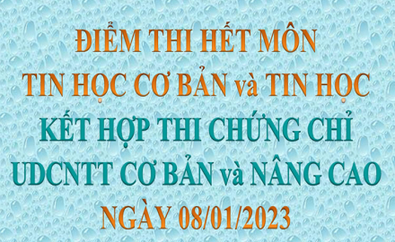 Điểm thi hết môn Tin học cơ bản và Tin học, kết hợp thi chứng chỉ UDCNTT Cơ bản và Nâng cao, ngày 08/01/2023