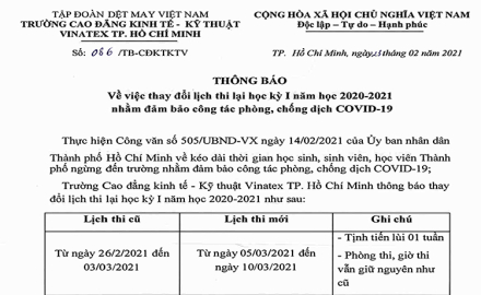 Thông báo thay đổi lịch thi lại học kỳ I, năm học 2020-2021