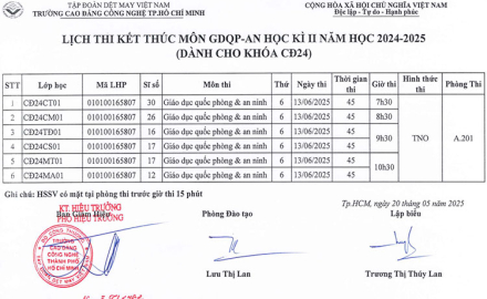 Lịch thi kết thúc môn học An ninh – Quốc phòng (dành cho khóa CĐ24)