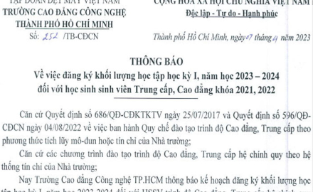 Thông báo đăng ký học phần học kỳ I_năm học 2023_2024, đối với Học sinh, Sinh viên hệ Trung cấp, Cao đẳng khoá 2021, 2022