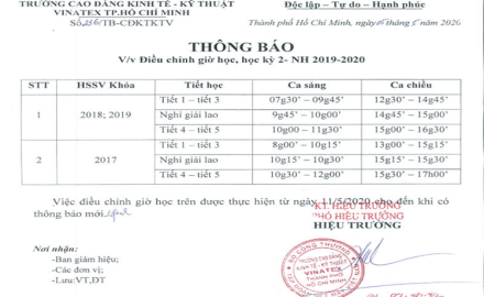 Thông báo “Điều chỉnh giờ học, học kỳ 2, năm học 2019 – 2020, từ ngày 18/05/2020”
