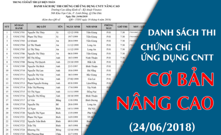 Danh sách thi Tin học Cơ bản và Nâng cao ngày 24 tháng 06 năm 2018