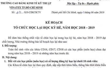 Kế hoạch học lại hè 2019, của nhà trường và các Khoa