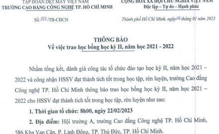 Thông báo về việc trao học bổng học kỳ 2, năm học 2021 – 2022