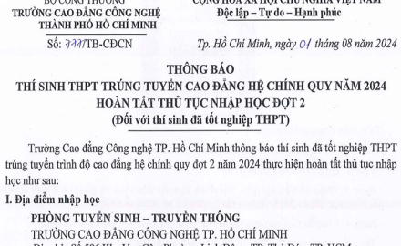 Thông báo, Thí sinh THPT trúng tuyển Cao đẳng hệ chính quy năm 2024, hoàn tất thủ tục nhập học