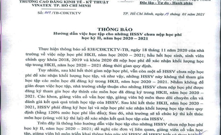 Thông báo hướng dẫn việc học tập cho HSSV chưa nộp học phí học kỳ 2, năm học 2020-2021