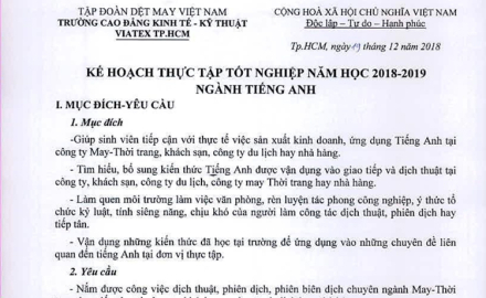 Kế hoạch thực tập tốt nghiệp Ngành TIẾNG ANH năm 2019