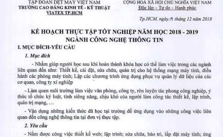 Kế hoạch thực tập tốt nghiệp Ngành CÔNG NGHỆ THÔNG TIN học năm 2019