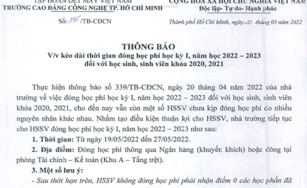 Thông báo “Kéo dài thời gian đóng học phí học kỳ I, năm học 2022 – 2023 đối với Học sinh, Sinh viên khoá 2020, 2021.