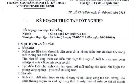 Kế hoạch thực tập tốt nghiệp 2019 khoa Cơ điện