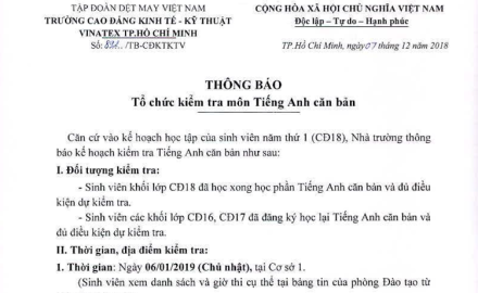 Thông báo Tổ chức kiểm tra môn Tiếng Anh căn bản