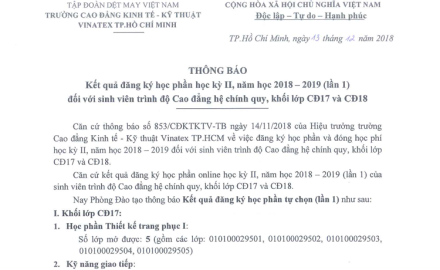 Kết quả đăng ký học phần học kỳ II 2018-2019