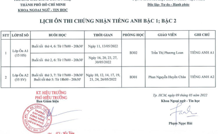Lịch ôn thi cấp chứng nhận Tiếng Anh bậc 1/6 và bậc 2/6