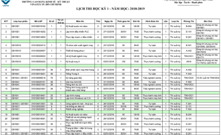 Lịch thi học kỳ I năm học 2018-2019