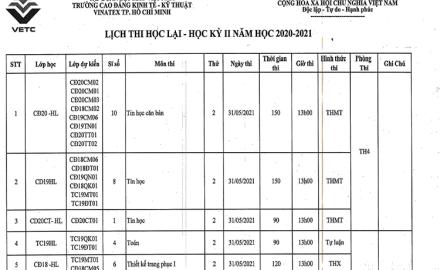 Lịch thi học lại – Học kỳ 2 năm học 2020-2021