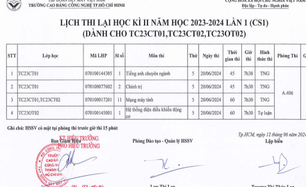 Lịch thi lại học kì II, năm học 2023-2024 (tại Cơ sở 01)- Dành cho TC23TC01; TC23TC02; TC23OT02