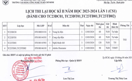 Lịch thi lại học kì II, năm học 2023-2024 (tại Cơ sở 01)- Dành cho TC23ĐC01; TC23ĐT01; TC23TĐ01; TC23TĐ02