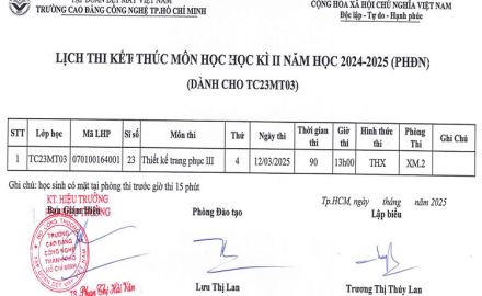 Lịch thi kết thúc môn học, học kỳ 2, năm học 2024 – 2025, lớp TC23MT03