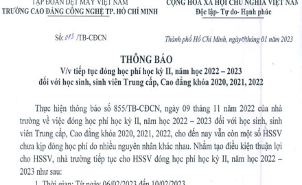 Thông báo về việc tiếp tục đóng học phí HKII, năm học 2022 – 2023