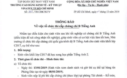 Thông báo Tổ chức thi cấp chứng chỉ B Tiếng Anh