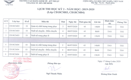 Lịch thi học kỳ II, năm học 2019 – 2020, Lớp CĐ18CM03 và CĐ18CM04