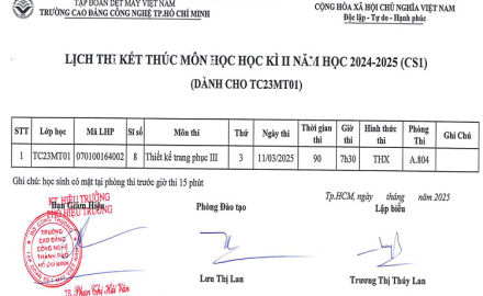 Lịch thi học kỳ 2, năm học 2024 – 2025, lớp TC23MT01