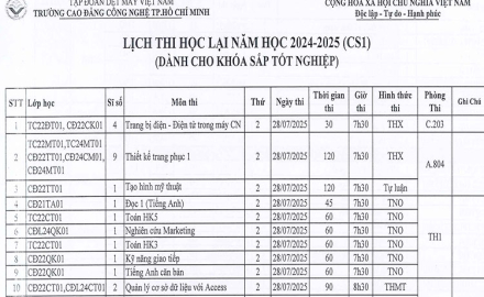 Lịch thi học lại năm học 2024 – 2025 (Dành cho khoá sắp tốt nghiệp)