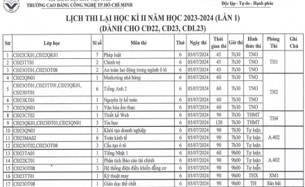 Lịch thi lại học kỳ 2, năm học 2023-2024 (dành cho khóa CĐ22; CĐ23; CĐL23) Lần 1