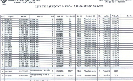 Lịch thi lại học kỳ 2, năm học 2018-2019, khóa CĐ17; CĐ18