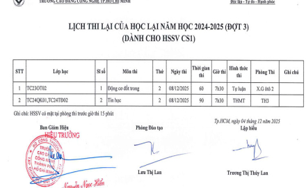 Lịch thi lại của học lại năm học 2014 -2025 (Tại trụ sở chính)