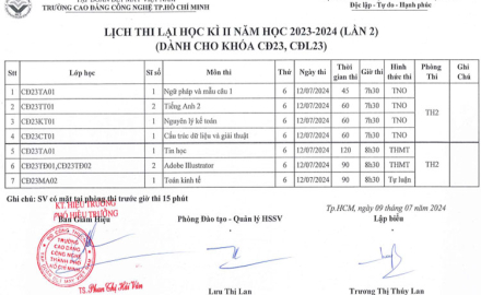 Lịch thi lại học kỳ 2, năm học 2023-2024 (dành cho khóa CĐ22; CĐ23; CĐL23) Lần 2