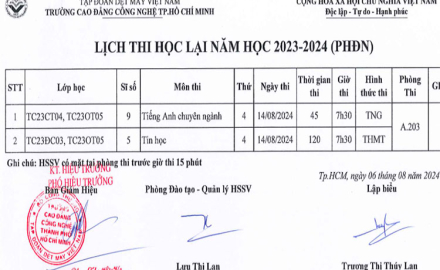 Thông báo “Lịch thi học lại, năm học 2023 – 2024” tại Phân hiệu Đồng Nai
