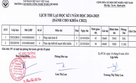 Lịch thi LẠI, học kỳ 1, năm học 2024 – 2025 (Dành cho khóa CĐ22)
