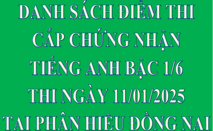 Danh sách điểm thi cấp chứng nhận Tiếng Anh bậc 1/6 tại phân hiệu Đồng Nai, ngày 11/01/2025