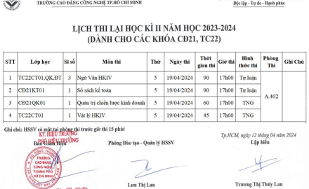 Lịch thi lại học kỳ II, năm học 2023-2024 (Dành cho các khóa CĐ21, TC22)