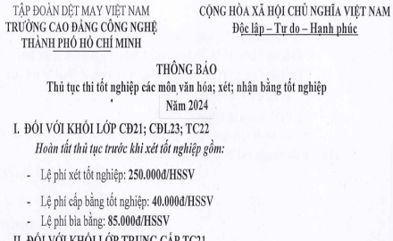 THÔNG BÁO, Thủ tục thi tốt nghiệp các môn văn hóa; xét; nhận bằng tốt nghiệp năm 2024